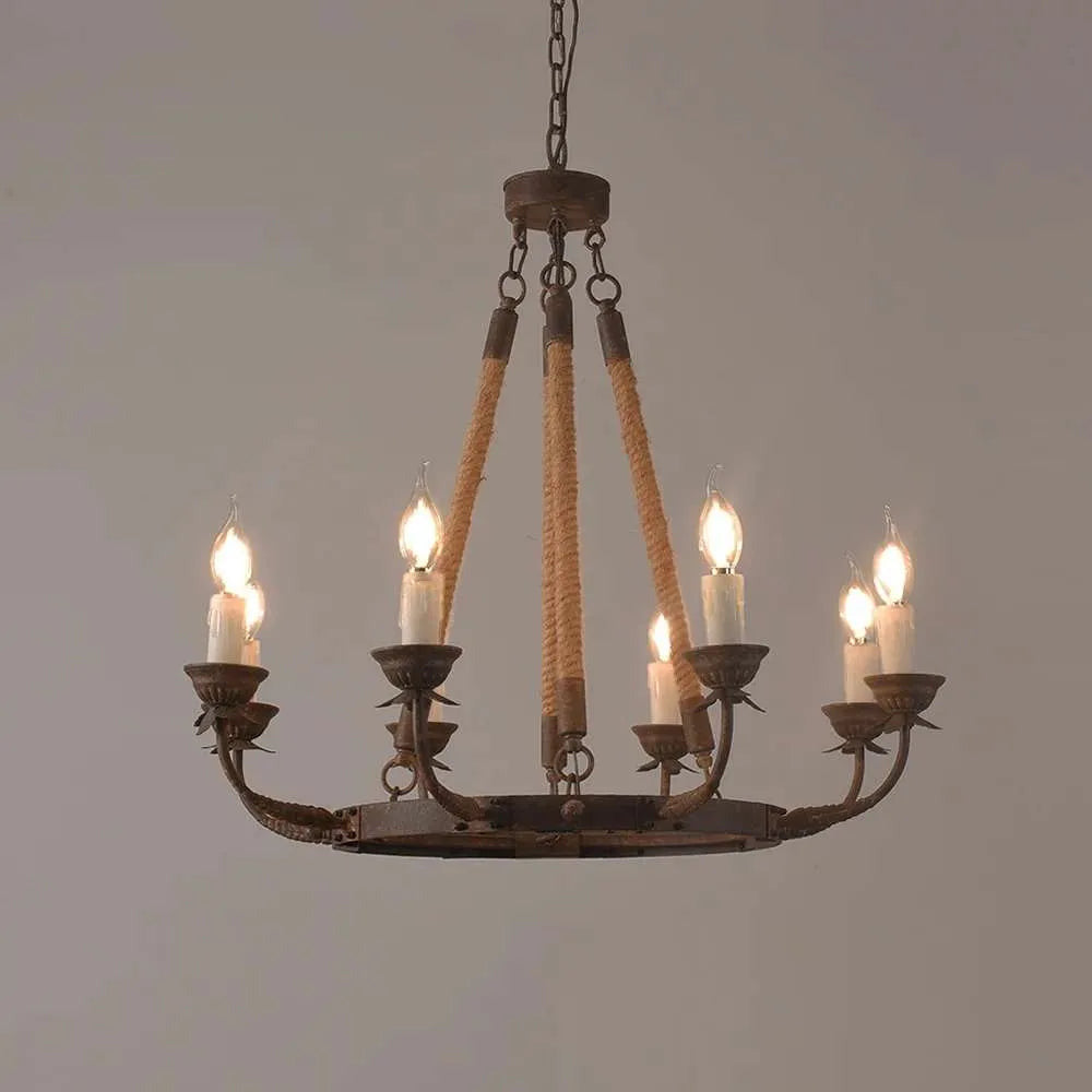 Hemp Rope And Rust Metal 8-Light Round Candle Chandelier
