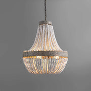Boho White Beads Round Wood Chandelier