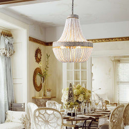 Boho White Beads Round Wood Chandelier