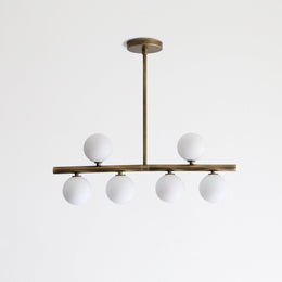 Brass Linear Chandelier with Ribbed Opal Globes