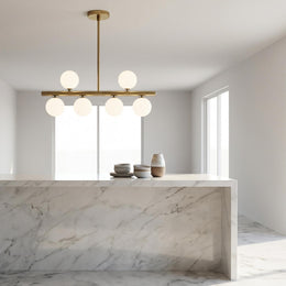 Brass Linear Chandelier with Ribbed Opal Globes