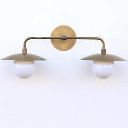Brass Wall Sconce with Saucer Shades and Opal Globes
