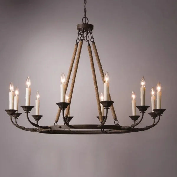 Vintage Candelabra Chandelier Lamp with Flaxen Hemp Rope