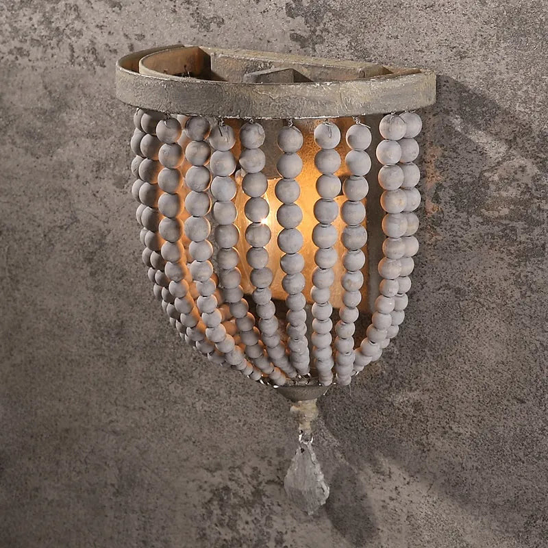 Wood Boho Beaded Distressed Gray Rustic Wall Sconce Lighting