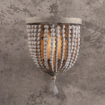 Wood Boho Beaded Distressed Gray Rustic Wall Sconce Lighting