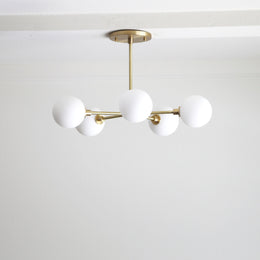 Five-Light Brass Sputnik Chandelier with Opal Globes