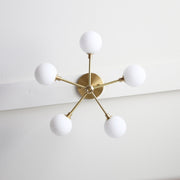 Five-Light Brass Sputnik Chandelier with Opal Globes