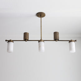 Five-Light Linear Brass Chandelier with Alabaster Cylinder Shades