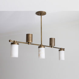 Five-Light Linear Brass Chandelier with Alabaster Cylinder Shades
