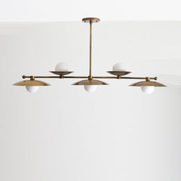 Five-Light Linear Brass Chandelier with Disc Shades and Glass Globes