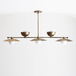 Five-Light Linear Brass Chandelier with Up-and-Down Disc Shades