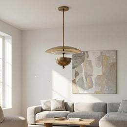 Four-Light Brass and Alabaster Disc Pendant Light