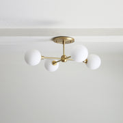 Four-Light Brass Sputnik Chandelier with Opal Globes