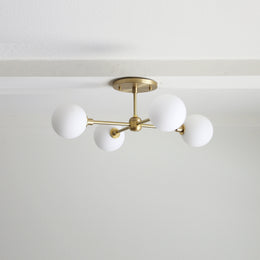Four-Light Brass Sputnik Chandelier with Opal Globes