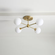 Four-Light Brass Sputnik Chandelier with Opal Globes