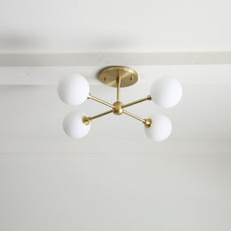 Four-Light Brass Sputnik Chandelier with Opal Globes