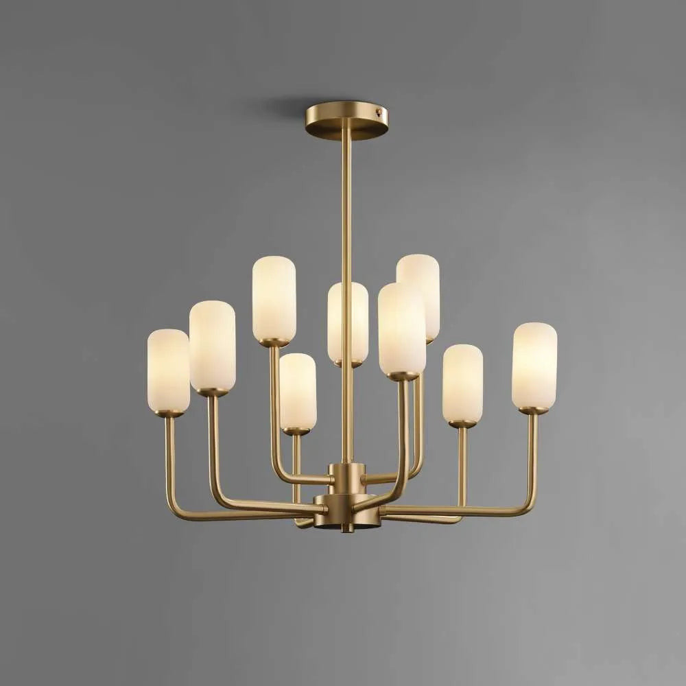 Mid-Century 18 9/10" Dia Brass And Opaline Glass 9-Light Chandelier