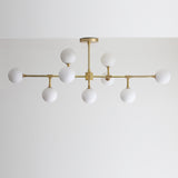 Nine-Light Brass Branch Chandelier with Opal Glass Globes
