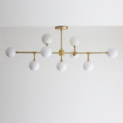 Nine-Light Brass Branch Chandelier with Opal Glass Globes