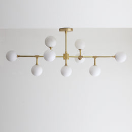 Nine-Light Brass Branch Chandelier with Opal Glass Globes