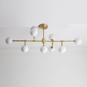 Nine-Light Brass Branch Chandelier with Opal Glass Globes