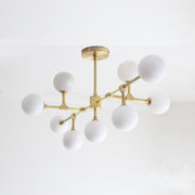 Nine-Light Brass Branch Chandelier with Opal Glass Globes