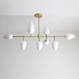 Nine-Light Brass Branch Chandelier with Opal Tulip Shades