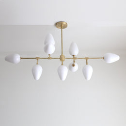 Nine-Light Brass Branch Chandelier with Opal Tulip Shades