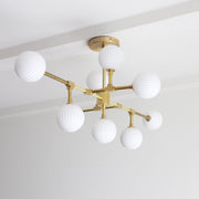 Nine-Light Brass Branch Chandelier with Ribbed Opal Globes