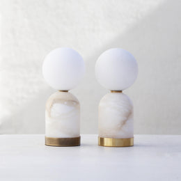 One-Light Alabaster Base Mini Table Lamp with Opal Globe