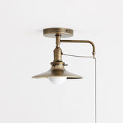 One-Light Brass Cone Shade Flush Mount Ceiling Light with Pull Chain