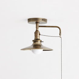 One-Light Brass Cone Shade Flush Mount Ceiling Light with Pull Chain