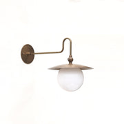 One-Light Brass Dish Wall Sconce with Curved Arm and Milk Glass Shade