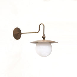 One-Light Brass Dish Wall Sconce with Curved Arm and Milk Glass Shade