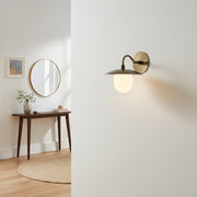 One-Light Brass Dish Wall Sconce with Milk Glass Shade