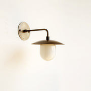 One-Light Industrial Brass Dish Wall Sconce with Milk Glass Shade