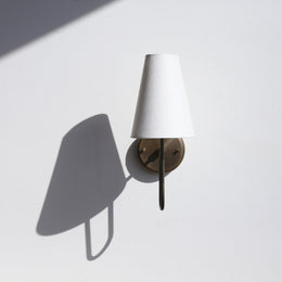 One-Light Linen Shade Wall Sconce with Curved Brass Arm