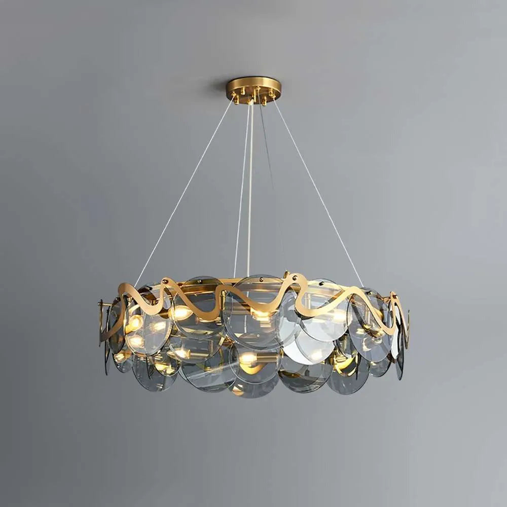 Modern Round Lampbody Gold And Smoky Gray Glass Chandelier