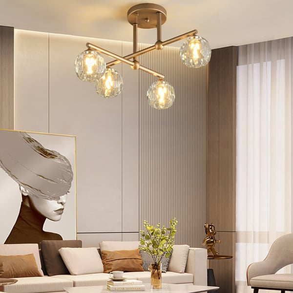 Semi-Flush Mount Gold Crystal High Ceiling Chandelier