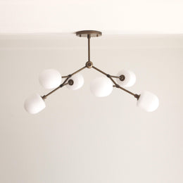 Six-Light Branching Brass Chandelier with Opal Glass Shades