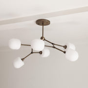Six-Light Branching Brass Chandelier with Opal Glass Shades