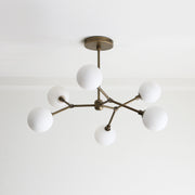 Six-Light Brass Branch Chandelier with Opal Glass Globes
