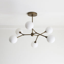 Six-Light Brass Branch Chandelier with Opal Glass Globes