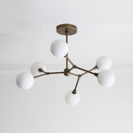Six-Light Brass Branch Chandelier with Opal Glass Globes