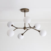 Six-Light Brass Branch Chandelier with Opal Glass Globes