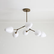 Six-Light Brass Branch Chandelier with Opal Teardrop Shades