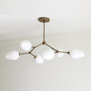 Six-Light Brass Branch Chandelier with Opal Teardrop Shades