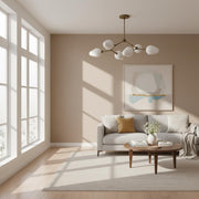 Six-Light Brass Branch Chandelier with Opal Teardrop Shades