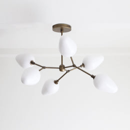 Six-Light Brass Branch Chandelier with Opal Tulip Shades