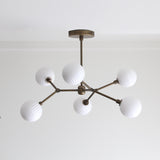 Six-Light Brass Branch Chandelier with Ribbed Opal Globes